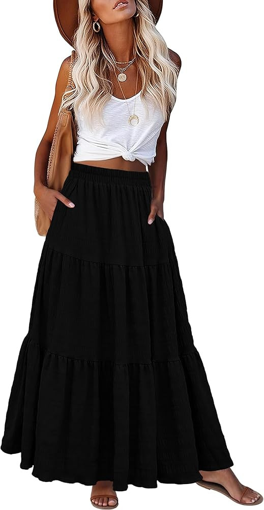 Womens Boho Flowy Maxi Skirts Summer Long Skirt with Pockets | Amazon (US)