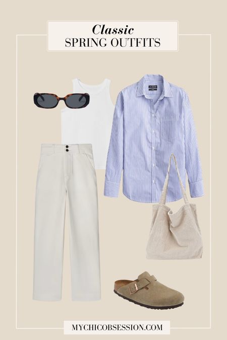 Create a spring outfit with these classic pieces. Start with a white tank, layered under an open and oversized blue and white striped button down shirt. Add a pair of straight leg white pants, and a pair of Birkenstock Boston clogs. Complete the look with sunglasses and a corduroy tote bag.

#LTKstyletip #LTKSeasonal