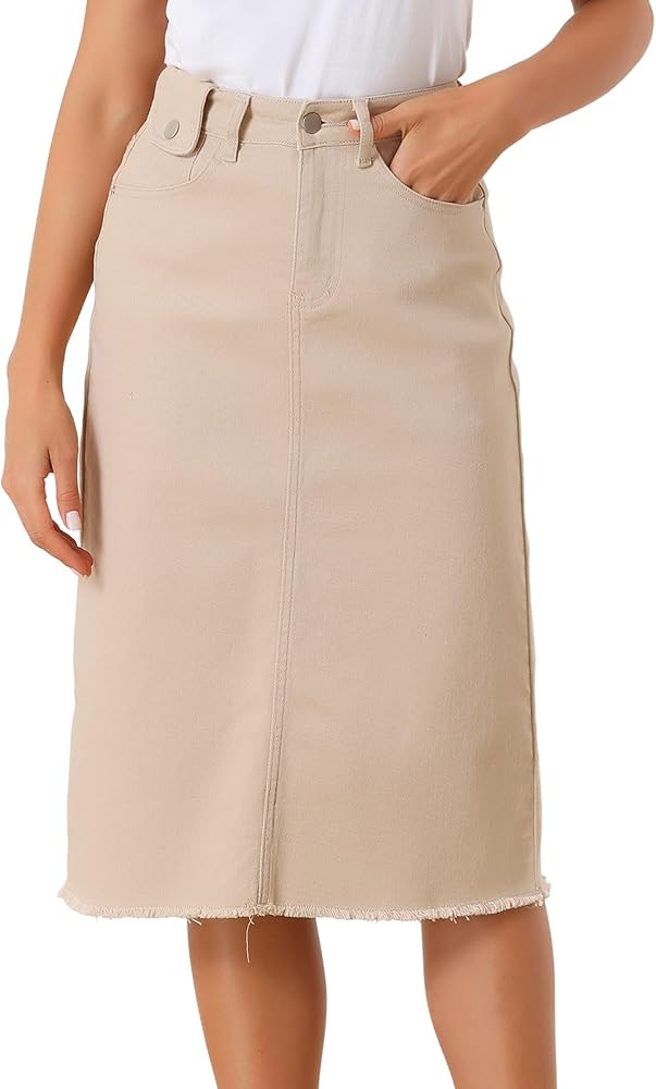 Allegra K Women's Casual Jean Skirt High Waist Back Slit Stretch Denim Skirts | Amazon (US)
