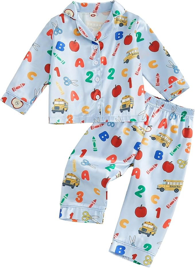 Kavousa Toddler Girl Boy Back to School Silk Pajamas Satin Pencil Floral Print Shirt+Shorts/Pants... | Amazon (US)