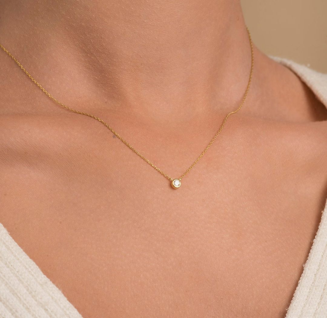 14k Diamond Necklace/ Diamond Solitaire Necklace/ Layered Diamond Necklace/ Dainty Gold Diamond B... | Etsy (EU)