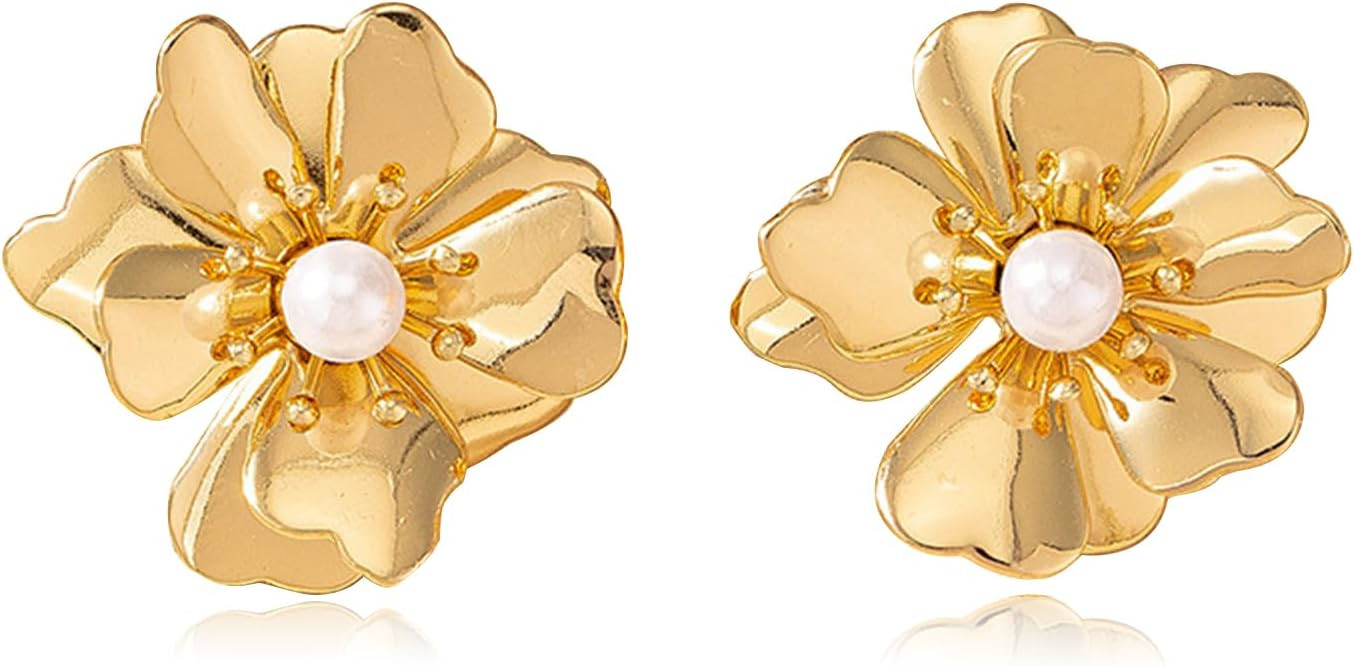 Gold Statement Earrings Large Flower Earrings for Women Boho Big Double Gold Earrings Dangle Uniq... | Amazon (US)