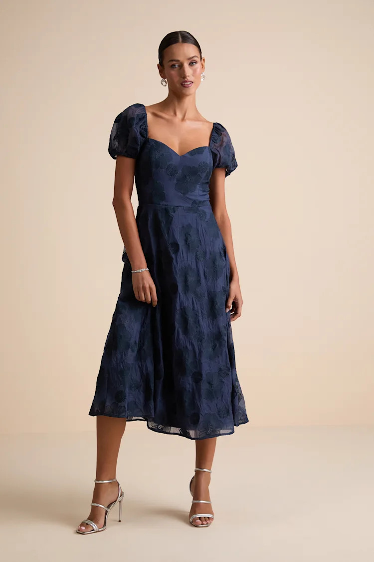 Sweetest Behavior Navy Embroidered Puff Sleeve Midi Dress | Lulus