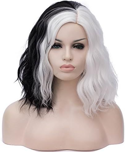 Amazon.com : TSNOMORE Black and White Wigs for Women, Medium Short Wavy Curly Synthetic Wigs, Hal... | Amazon (US)