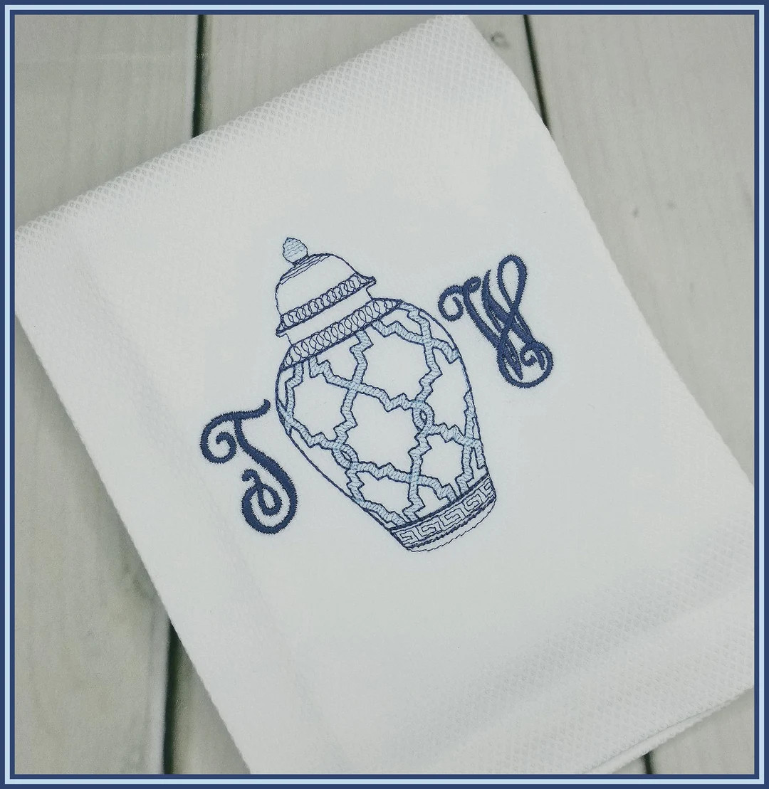 Chinoiserie Ginger Jar Monogrammed Hand Towel / Kitchen Towel / Wedding Gift | Etsy (US)