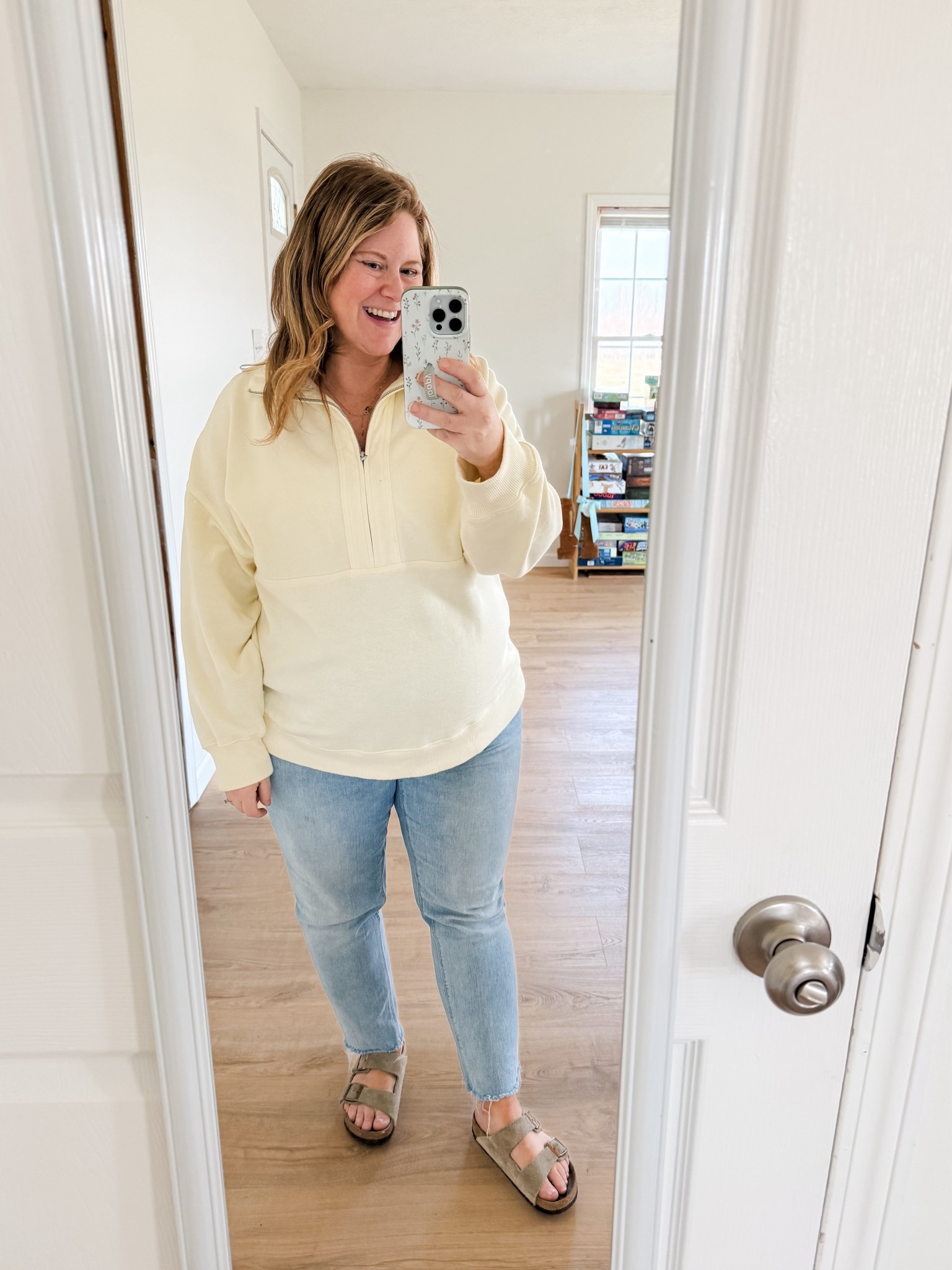 Wearing a large in my butter yellow Aerie quarter zip.  My maternity jeans are older so linking a bunch of similar ones  

#LTKMidsize #LTKSaleAlert #LTKBump