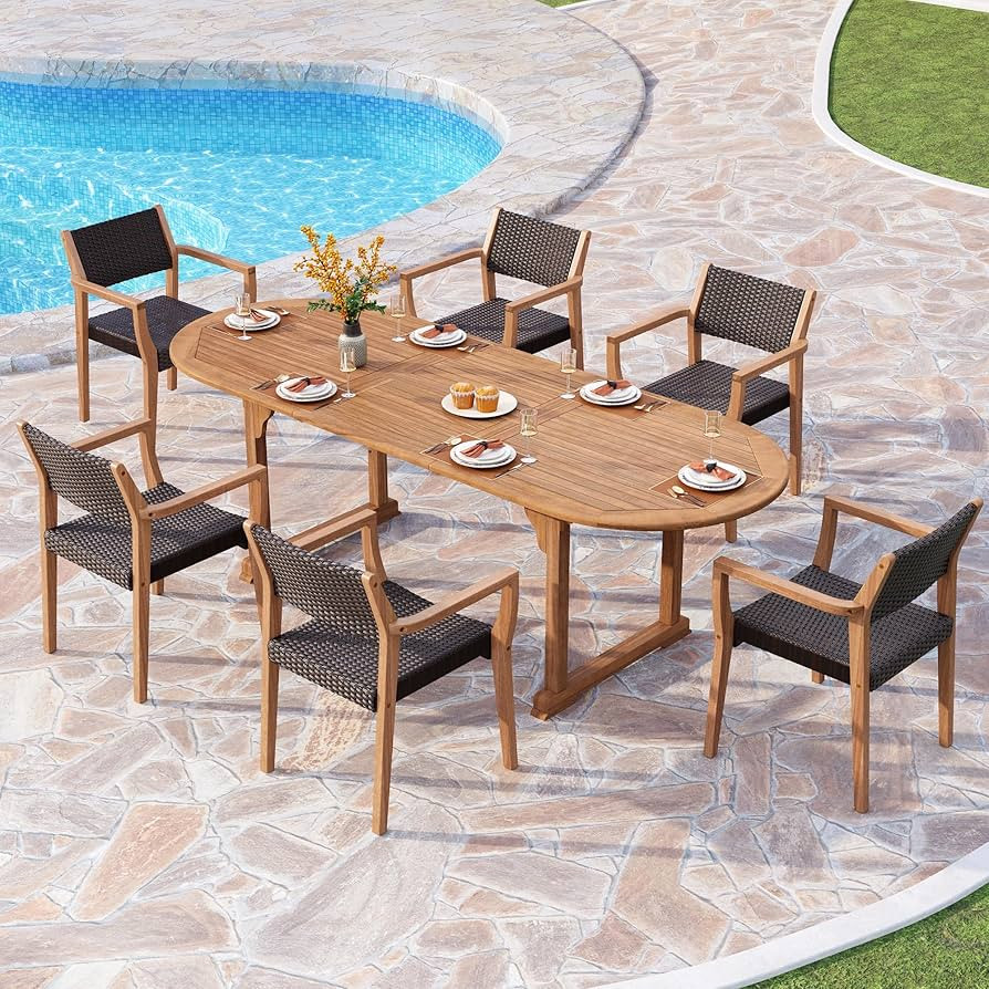 PHI VILLA 7 Pieces Acacia Wood Outdoor Dining Set for 6, Expandable Teak Wooden Table & Chairs, L... | Amazon (US)