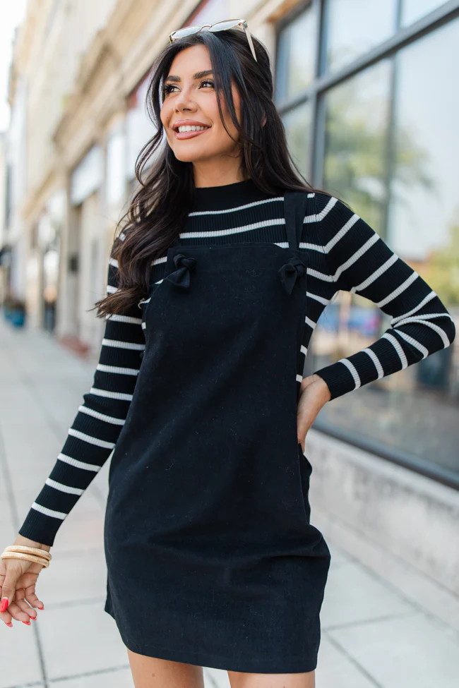Over It Black Overall Mini Dress SALE | Pink Lily