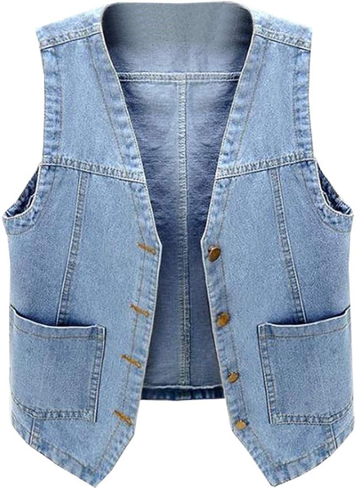 SCOFEEL Women's Sleeveless Jean Jacket Button Down V-Neck Washed Denim Vests | Amazon (US)