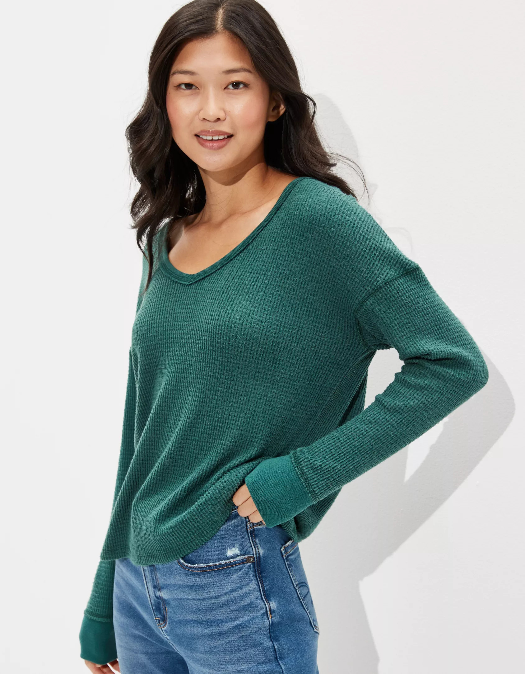 AE Soft & Sexy Plush Long-Sleeve V-Neck T-Shirt | American Eagle Outfitters (US & CA)