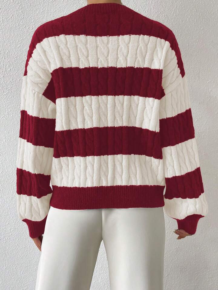 Chiquease Two Tone Cable Knit Drop Shoulder Sweater,Long Sleeve Tops Knit Pullover Fall Winter Ou... | SHEIN