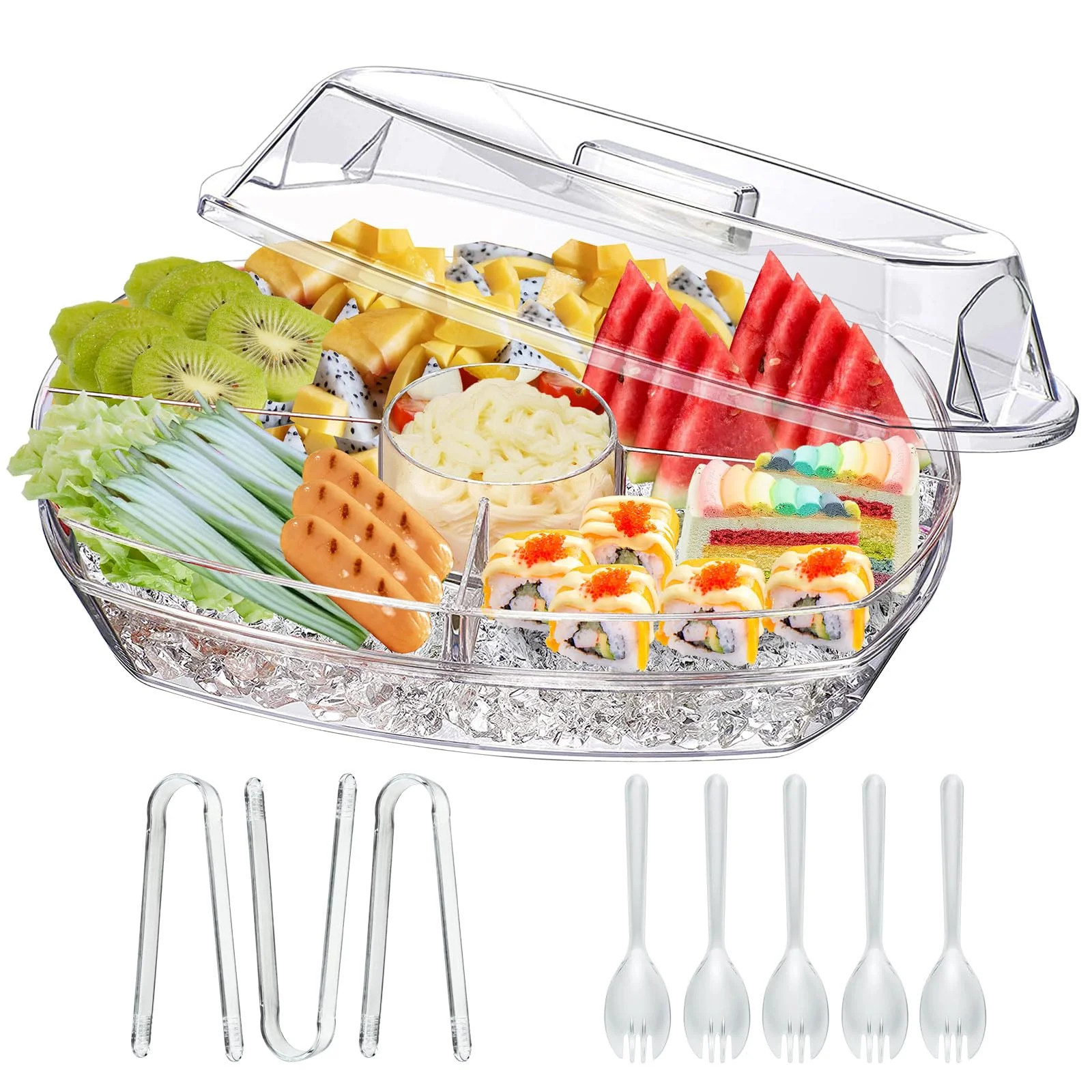 Ice Chilled Party Platter, 15 Inch Clear Veggie Fruit Trays with Lid and Dip, Cold Food Serving T... | Walmart (US)