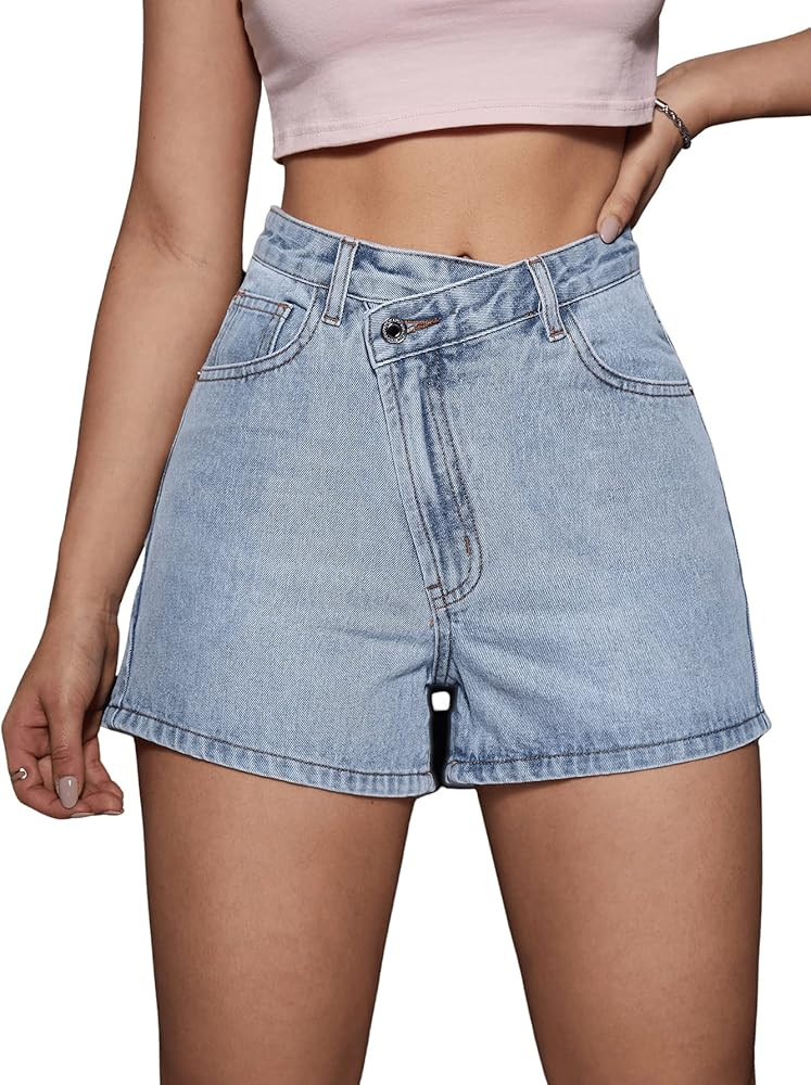 SweatyRocks Women's Casual Asymmetrical Button Denim Shorts High Waisted Jean Shorts | Amazon (US)
