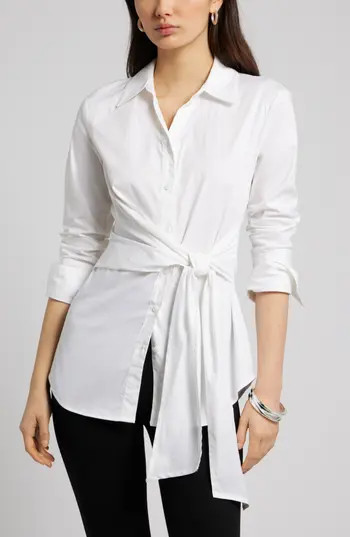 Open Edit Waist Tie Cotton Poplin Button-Up Shirt in White at Nordstrom Rack, Size Medium | Nordstrom Rack