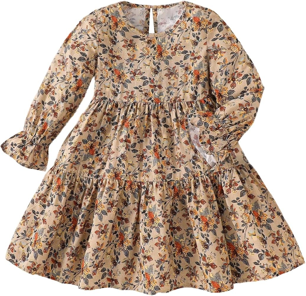 Verdusa Toddler Girl's Boho Floral Tiered Fall Dresses Vacation Puff Sleeve Ruffle Smock Dress | Amazon (US)