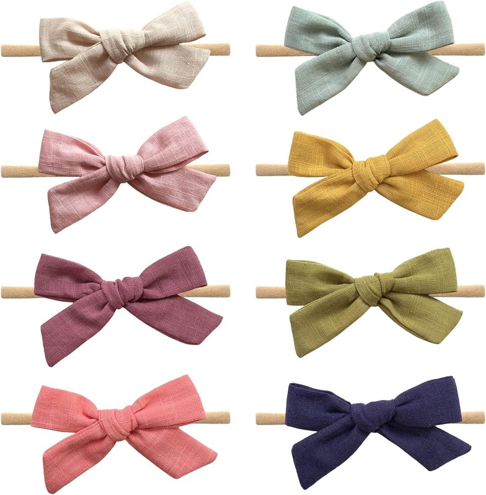 Baby Girl Linen Bows and Headbands, Stretchy Nylon Hairbands for Newborn Infant Toddler by Cherssy | Amazon (US)