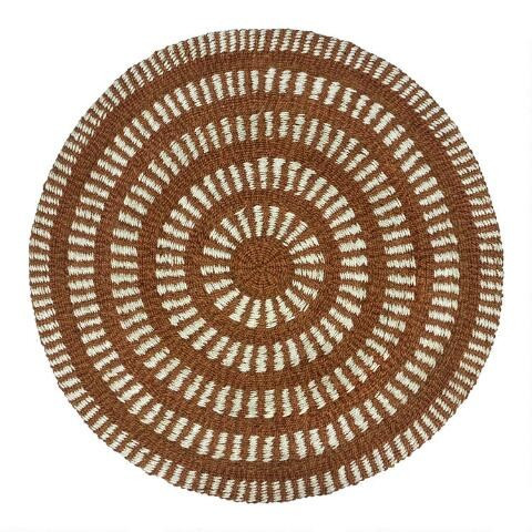Round Rust Brown and Ivory Geometric Woven Jute Area Rug | World Market