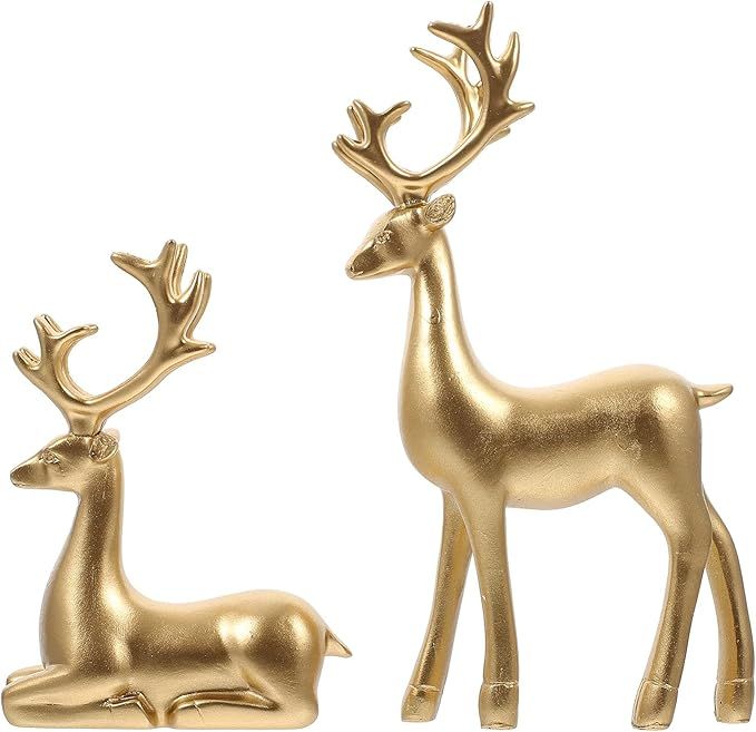 Christmas Reindeer Statues Golden Elks: Gold Resin Deer Miniature Figurine Xmas Artificial Animal... | Amazon (US)
