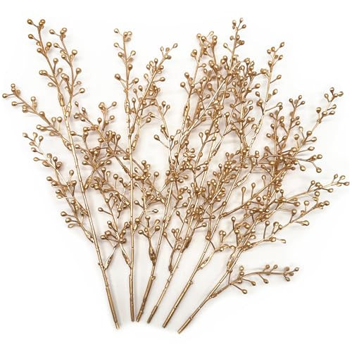 Artificial Golden Berry Stem Decorations, Fake Bead Sticks Picks Plastic Plants for Home Party Christmas Berries Stems Tree Ornaments Wreath Crafts DIY Gift Wedding Bouquet Xmas Decor Gold 6 Pcs | Amazon (US)