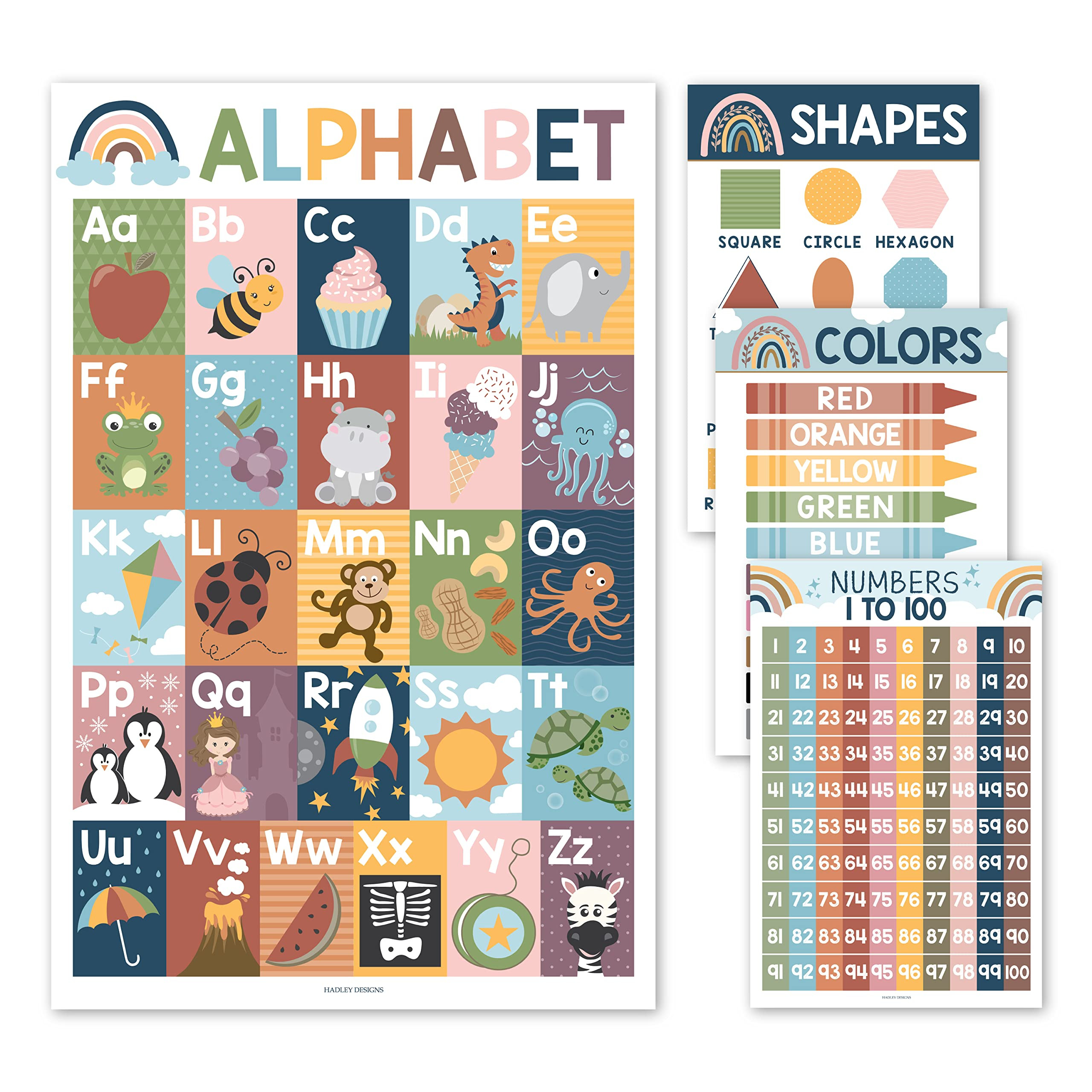 Hadley Designs Alphabet, Count 1-100 Numbers, Colors, 2D Shapes, ABC Posters For Toddlers Wall Ar... | Amazon (US)