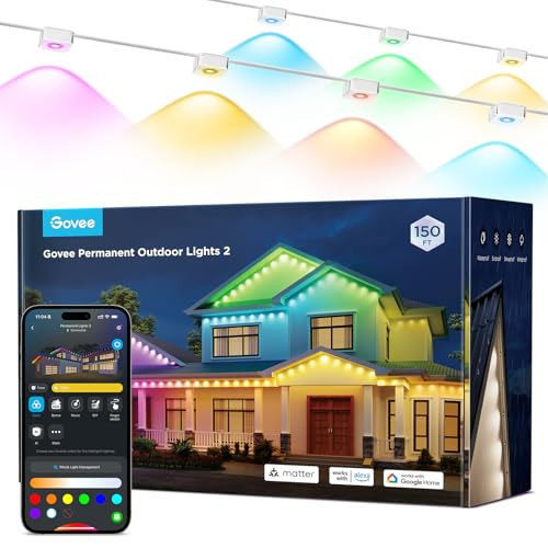 Govee Permanent Outdoor Lights 2, 150ft RGBIC Outdoor Lights with 108 LED Lights, IP67 Waterproof, 100 Scene Modes with 40lm White for Outdoor Decorations, Works with Alexa, Google Assistant, White | Amazon (US)
