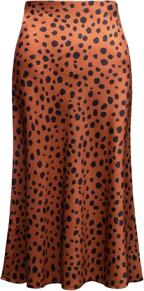Womens Leopard Print Skirt Midi Long Length Silk Satin High Waist Elastic Skirts | Amazon (US)