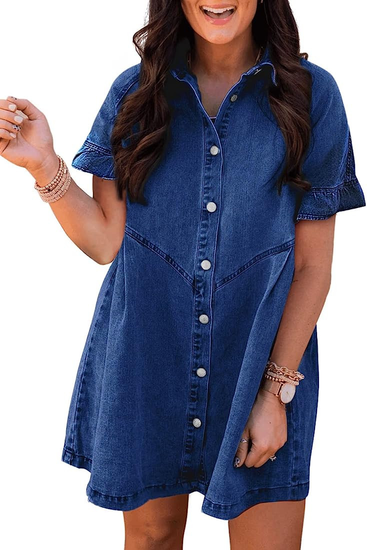 Sidefeel Womens Smocked 3 4 Sleeve Button Down Denim Jeans Dresses | Amazon (US)