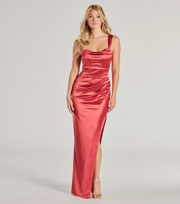 Kirsten Satin Cowl Neck High Slit Formal Dress | Windsor Stores