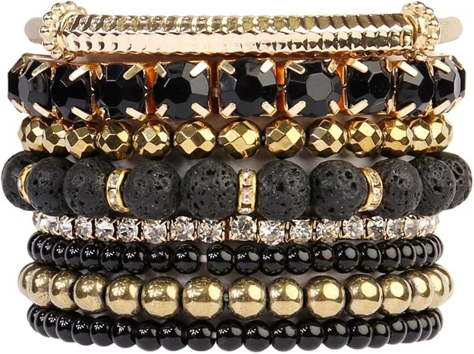 Multi Color Stretch Beaded Stackable Bracelets - Layering Bead Strand Statement Bangles | Amazon (US)