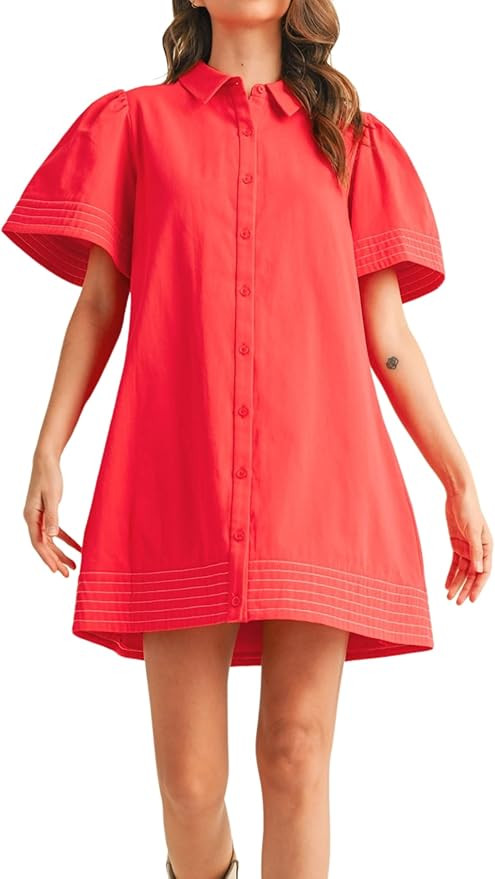 Womens Short Sleeve Button Down Mini Shirt Dress Lapel Collar Short Dresses with Pocket | Amazon (US)