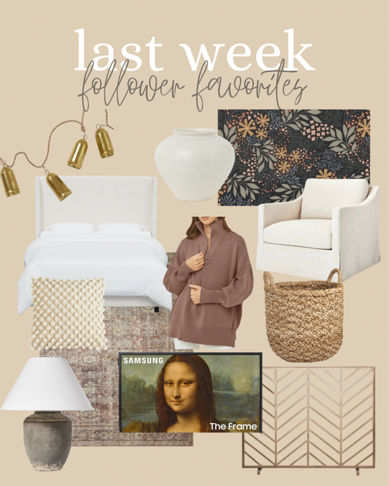 Upholstered bed. Gold bells garland. Oversize vase. Wallpaper. Linen arm chair. Accent chair. Oversize basket. Wicker basket. Frame TV. Fireplace screen. Well loyal rug. Area rug. Lamp. Ceramic lamp. Table lamp. Pillow cover. Sweater. Follower favorites. Home decor. Neutral home  

#LTKhome #LTKSeasonal #LTKHoliday