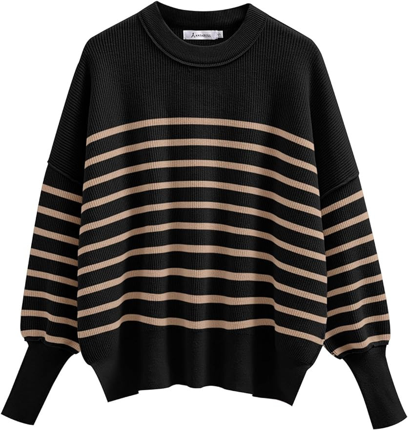 ANRABESS Oversized Sweaters for Women Fall 2023 Crewneck Batwing Long Sleeve Side Slit Knit Pullo... | Amazon (US)