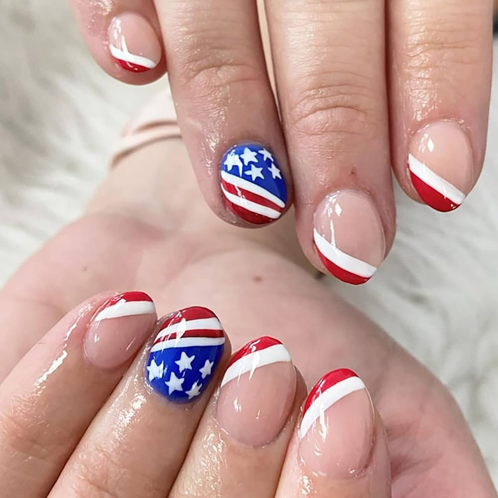 July 4th Press On False Nails Short, Fake Nails Almond Glue On Nails, False Nails With Glue, Poin... | Amazon (US)