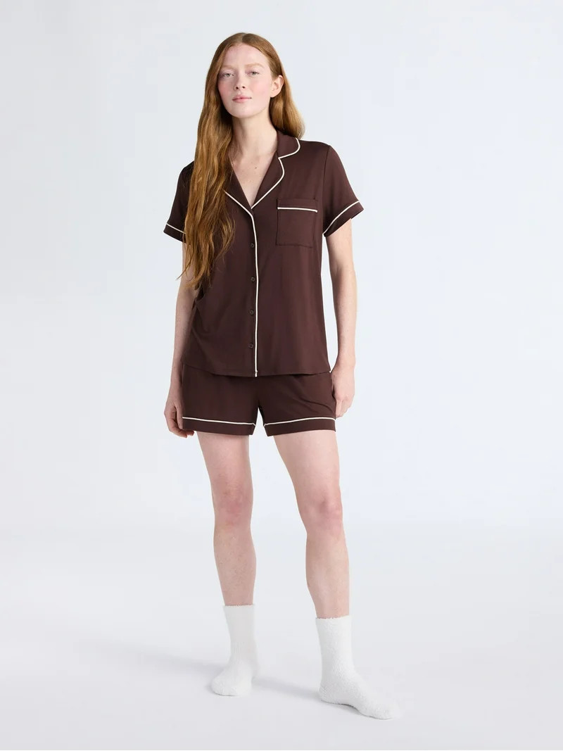 Joyspun Women’s Dreamy Soft Collection Notch Collar Knit Top and Boxer Shorts Pajama Set, Sizes... | Walmart (US)