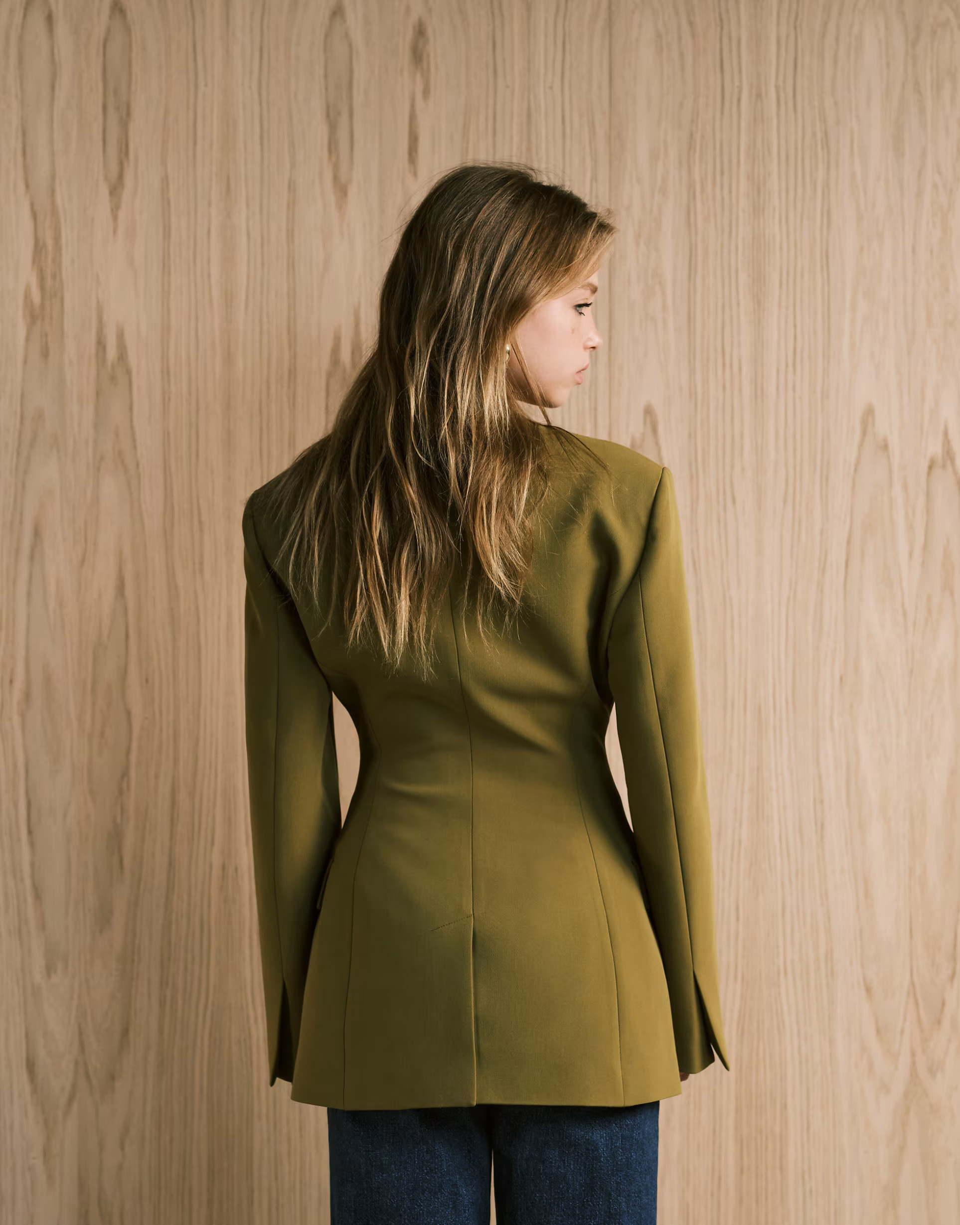 ASOS DESIGN cinch high break point collarless blazer in olive green | ASOS | ASOS (Global)
