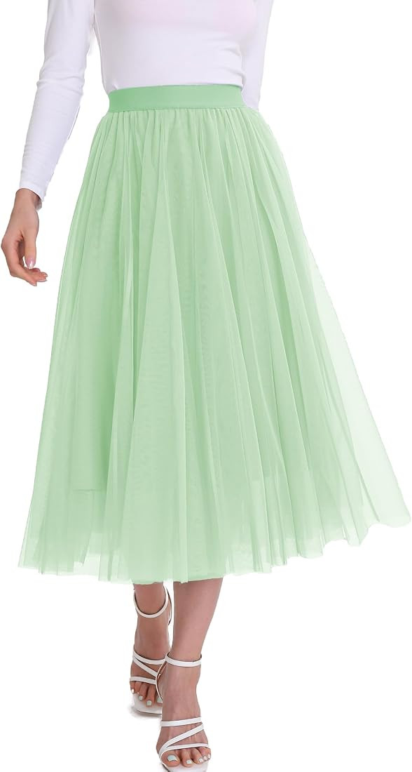 Women’s Tulle Skirts Midi Elastic High Waist Pleated Mesh Flowy A-Line Party Long Tutu Skirts... | Amazon (US)