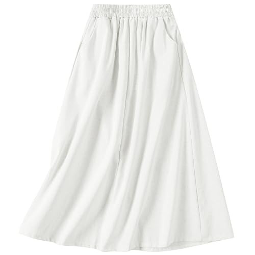 SANGTREE Women's Cotton Linen Midi Skirt with Pockets Casual Flowy Swing Elastic High Waist A-Lin... | Amazon (US)