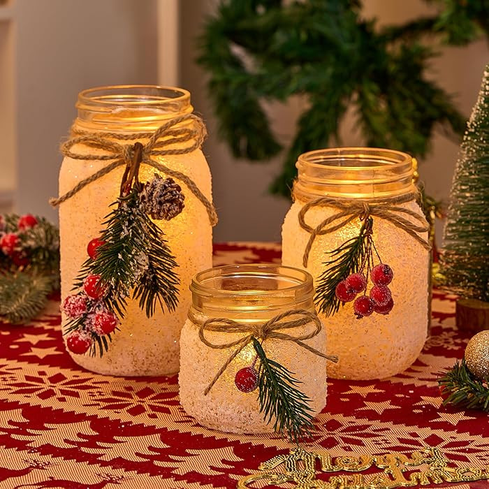 Christmas Centerpieces for Tables, Table Decor with Mason Jar, 16 Pcs Flowers, Christmas Winter T... | Amazon (US)