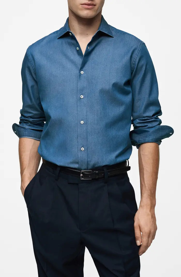 MANGO Slim Fit Cotton Chambray Button-Up Shirt | Nordstrom | Nordstrom