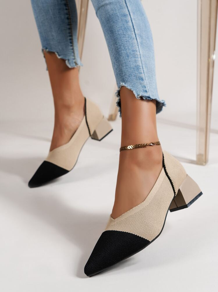 Women Point Toe Chunky Heeled Pumps, Beige Elegant Color Block Heeled Court Pumps | SHEIN