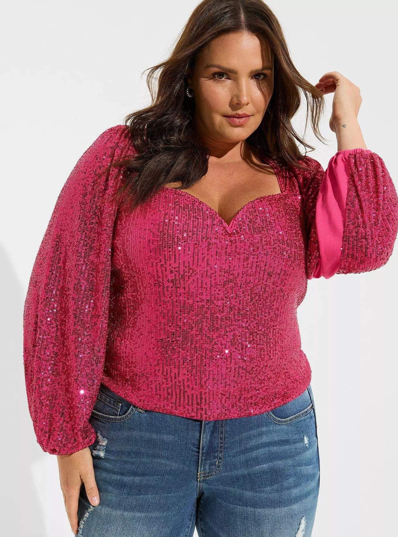 Sequin Deep V-Neck Long Sleeve Blouse | Torrid (US & Canada)