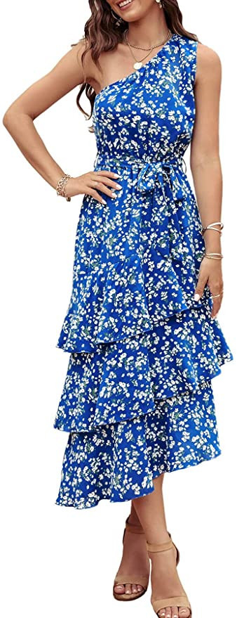 PRETTYGARDEN Women's Summer Floral Sundress Casual One Shoulder Tiered Ruffle Flowy Midi Beach Bo... | Amazon (US)