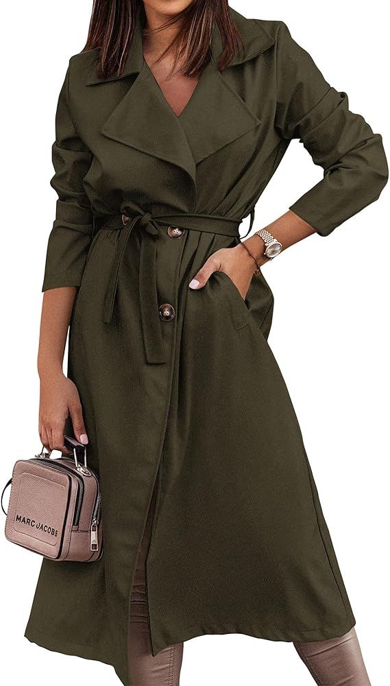 KIRUNDO Women's Trench Coat Long Double-Breasted Spring Fall Fashion 2024 Classic Lapel Overcoat ... | Amazon (US)