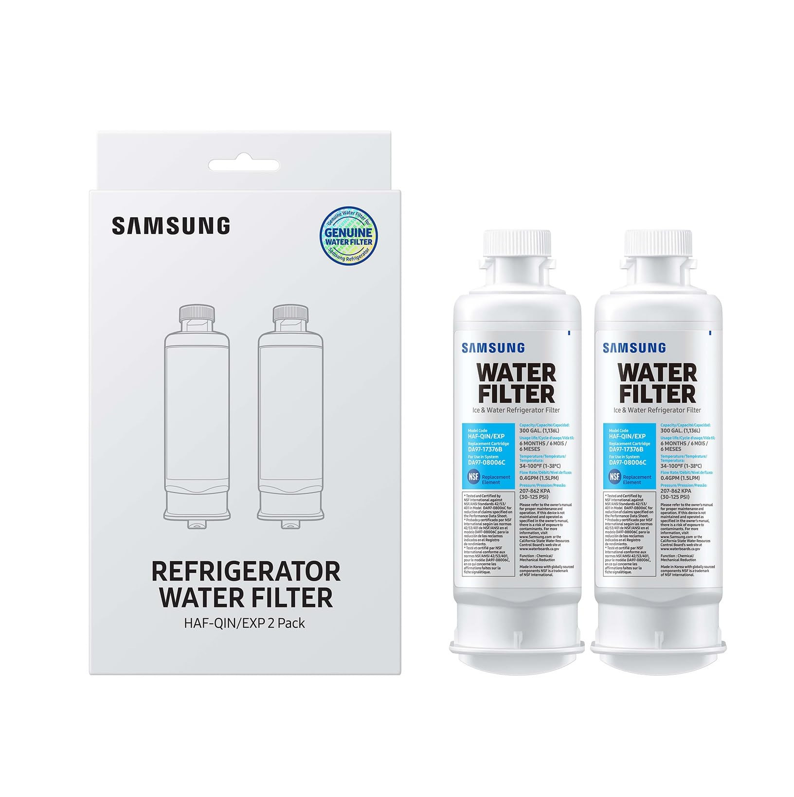 SAMSUNG Genuine Filters for Refrigerator Water and Ice, Carbon Block Filtration for Clear Drinking Water, HAF-QIN-2P, 2 Pack | Amazon (US)