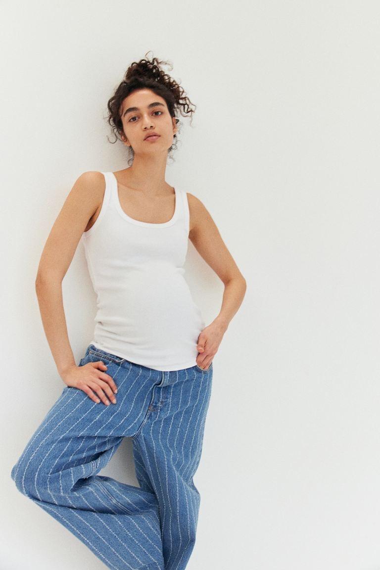 MAMA Ribbed Tank Top - Low-cut Neckline - Sleeveless - White - Ladies | H&M US | H&M (US + CA)