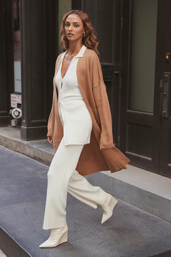 Foggy Day Cream Ribbed Knit Wide-Leg Sweater Pants | Lulus (US)