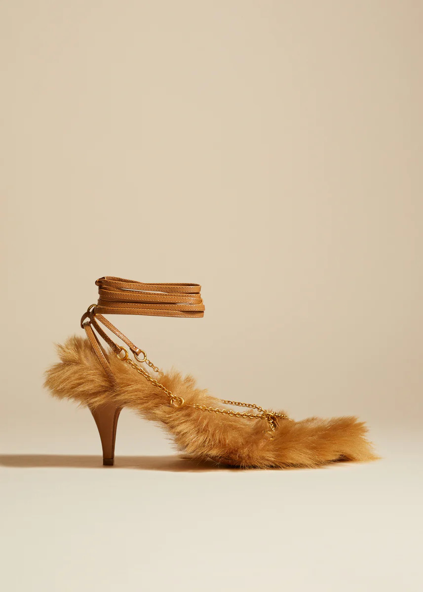 The Marion Sandal in Nougat Shearling with Chains | Khaite