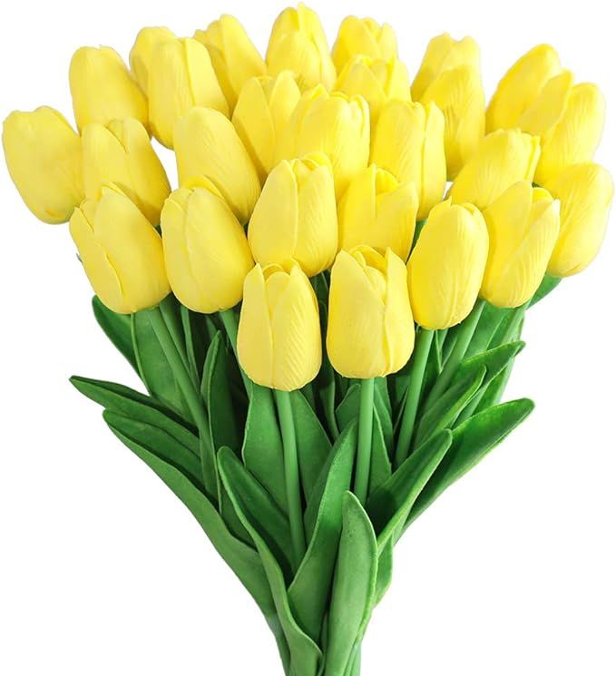 Kisflower 30Pcs Artificial Tulip Flowers Fake Tulips Bouquet Real Touch Flowers for Decor (Yellow... | Amazon (US)