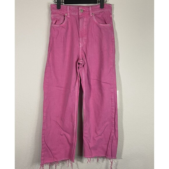 Zara Pink Wide Leg Jeans Womens Size 6 High Rise Raw Hem Medium Wash Denim Pants | Poshmark