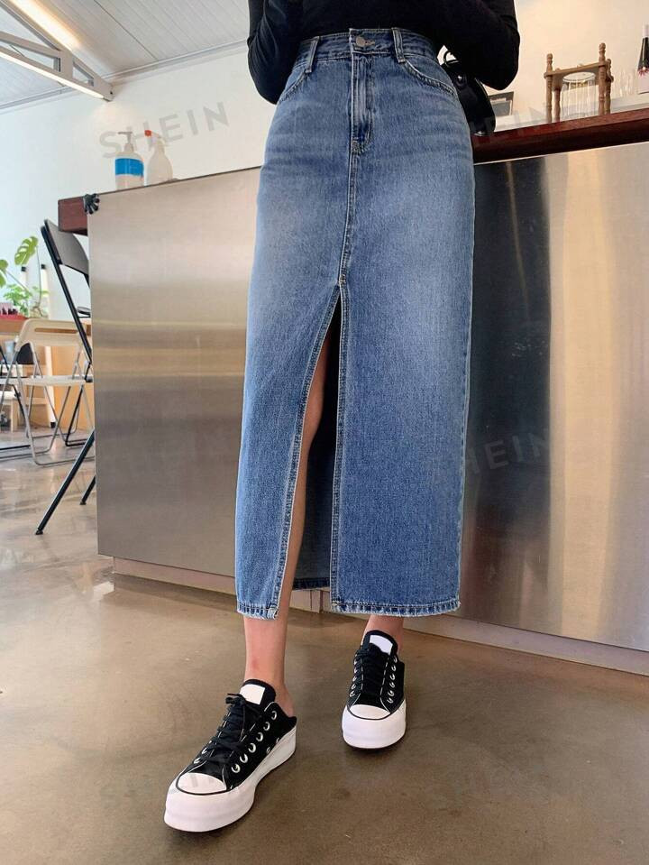 DAZY High Waist Split Thigh Denim Skirt | SHEIN